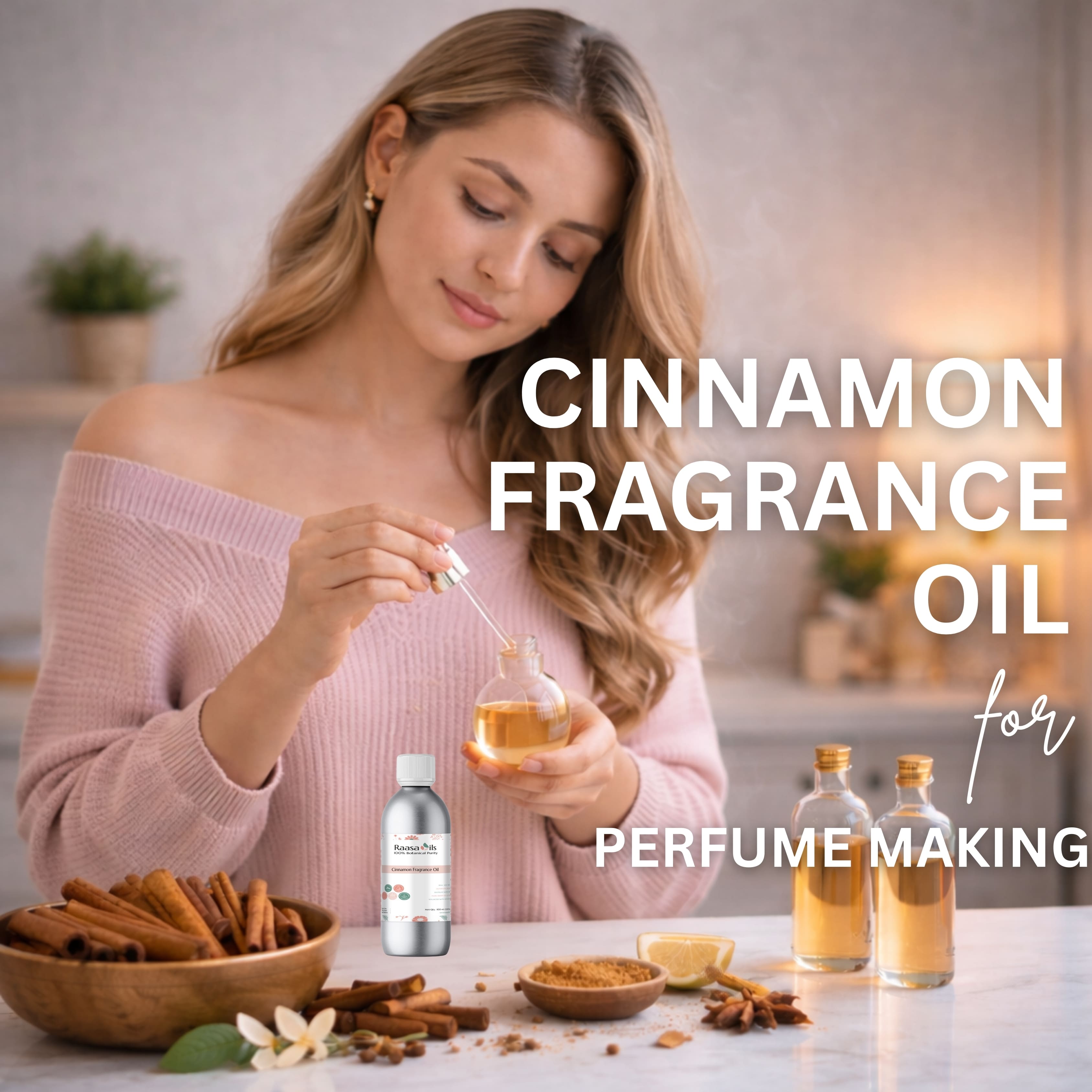 Woman with cinnamon fragrance oil and ingredients on a table, with text about cinnamon fragrance oil for perfume making.