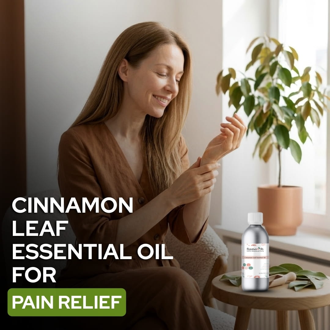 Woman applying cinnamon leaf essential oil to her hand with a bottle of the product on a small table.
