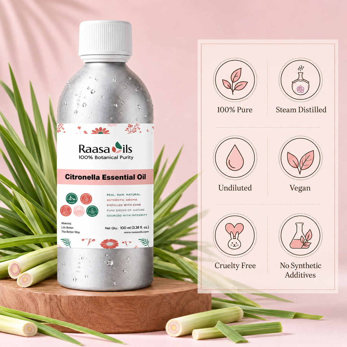 A bottle of Raasa Oils Citronella Essential Oil stands on a wooden board with lemongrass stalks around it. A pink panel on the right lists product benefits: 100% Pure, Steam Distilled, Undiluted, Vegan, Cruelty Free, and No Synthetic Additives.