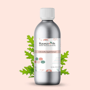 Bottle of Raasa Oils Citronella Liquid Extract on a light pink background