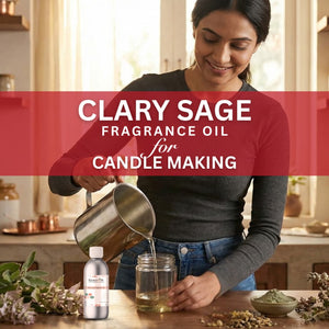 Woman pouring clary sage fragrance oil into a jar with text overlay.