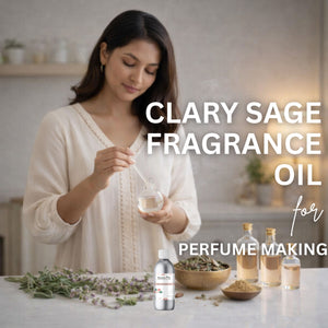 Woman with clary sage fragrance oil and ingredients on a table, with text overlay.