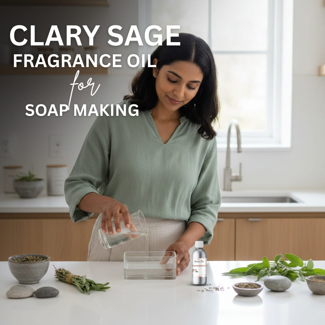 Woman in a kitchen preparing clary sage fragrance oil for soap making