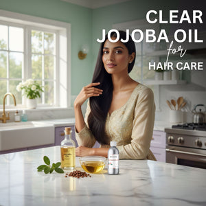 Woman with long hair in a kitchen with jojoba oil products on the counter.
