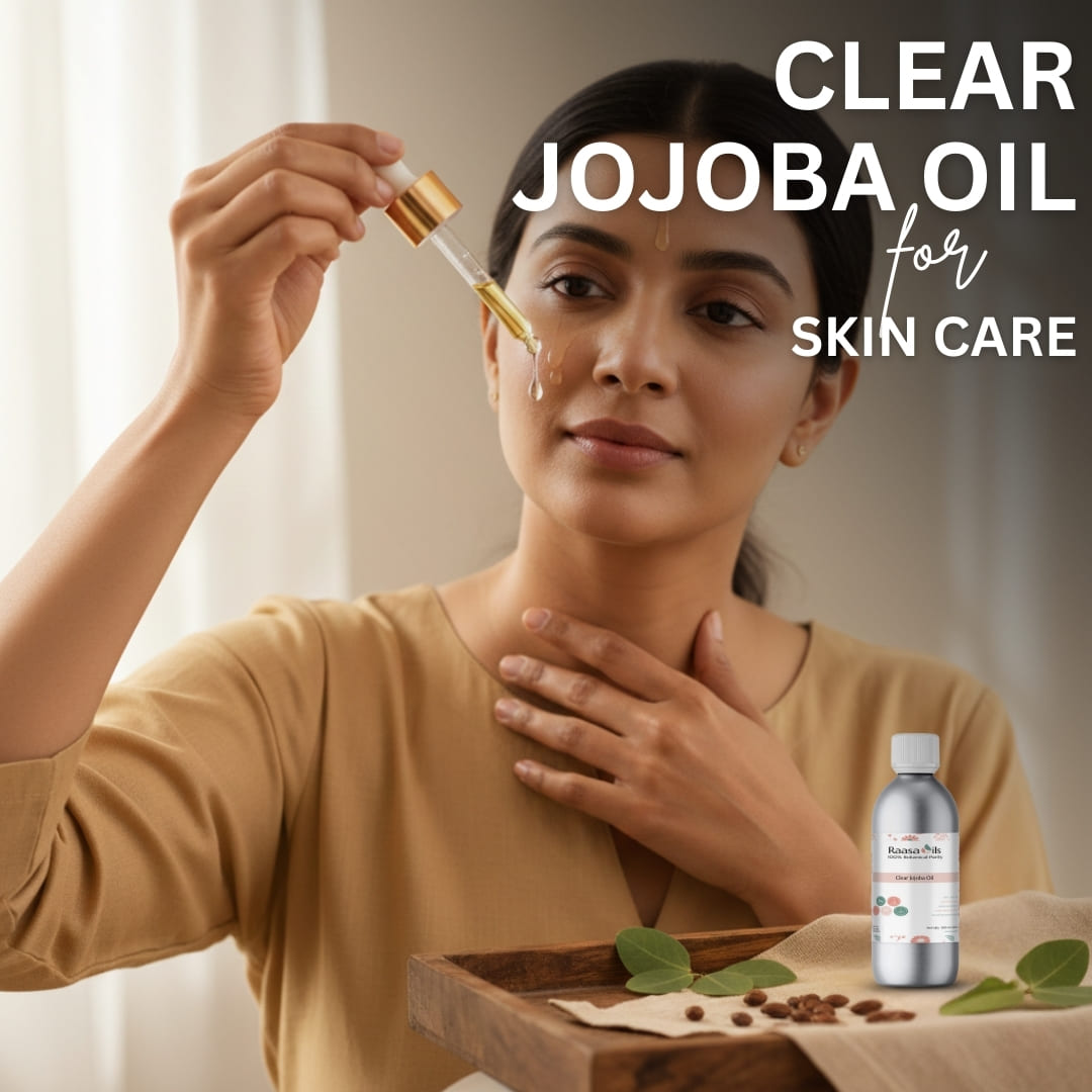 Woman applying clear jojoba oil to her face with a dropper, next to a bottle of the product.