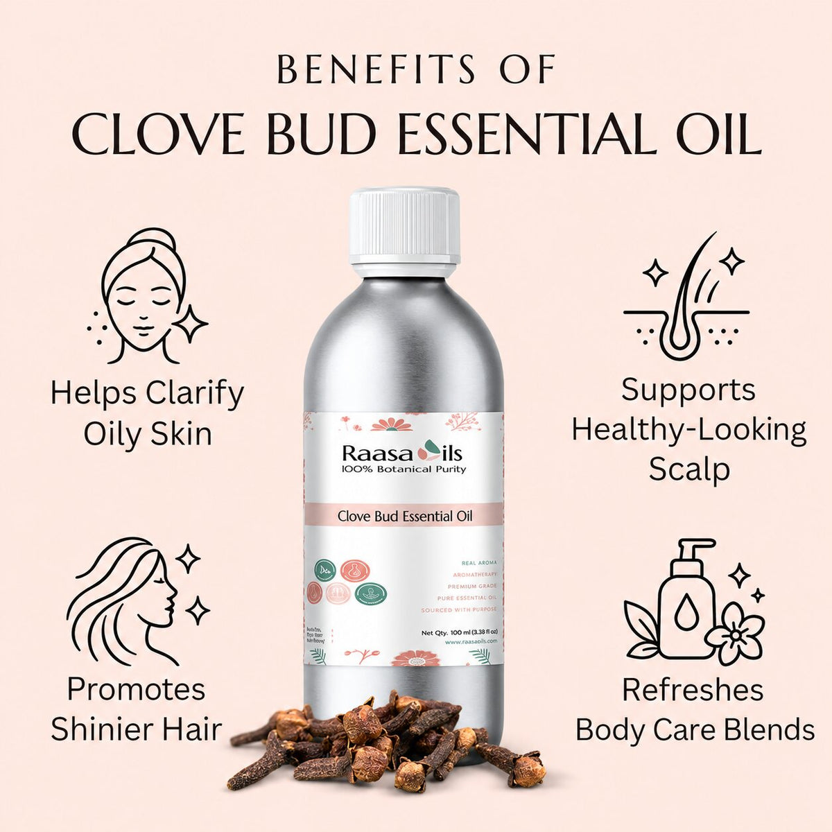 A bottle of Raasa Oils Clove Bud Essential Oil centered on a pale pink background, with illustrated text around it describing benefits for oily skin, scalp health, hair shine, and body care blends. A small pile of clove buds sits at the base of the bottle.