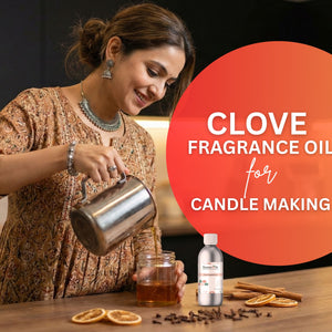 Woman pouring liquid into a jar with clove fragrance oil and ingredients on a table.