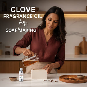 Woman pouring a liquid into a container with text about clove fragrance oil for soap making.