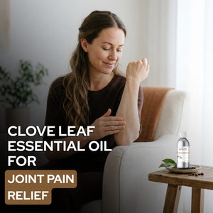 Woman applying clove leaf essential oil to her arm with text about joint pain relief.
