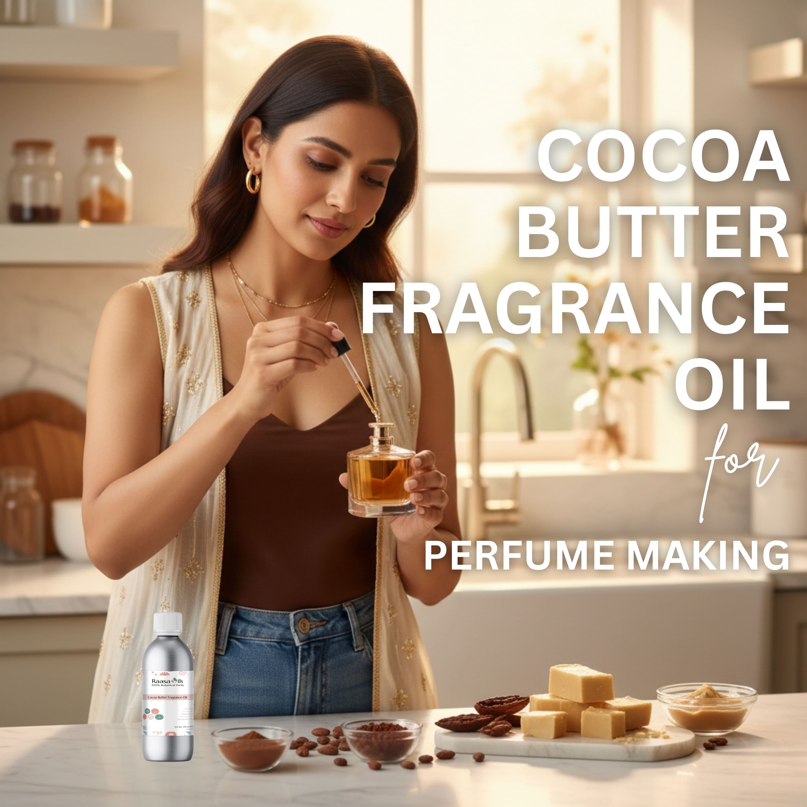Woman in a kitchen holding a bottle of cocoa butter fragrance oil with ingredients on the counter.