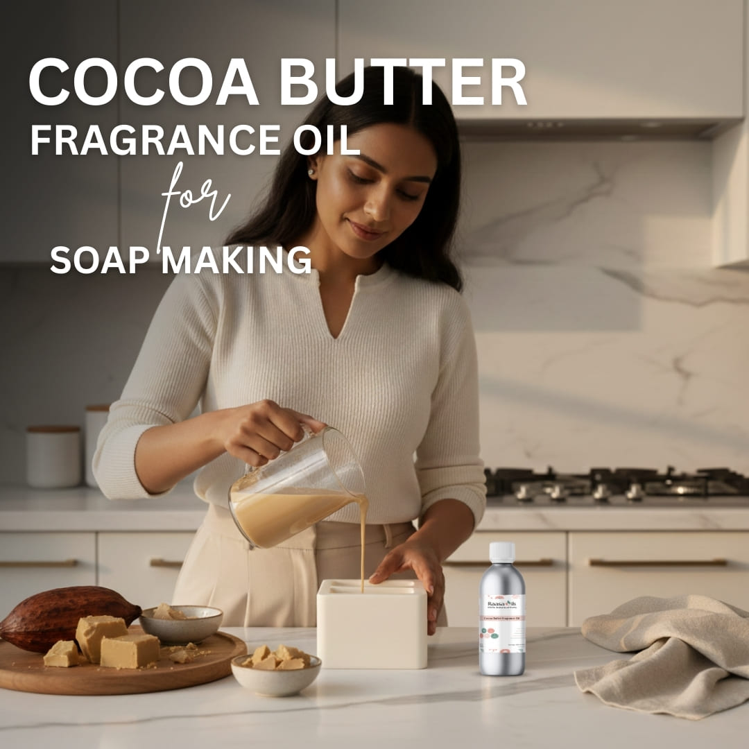 Woman pouring a liquid into a container with text about cocoa butter fragrance oil for soap making.
