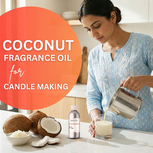 Woman pouring liquid into a glass with coconuts and fragrance oil bottle on a table, promoting coconut fragrance oil for candle making.