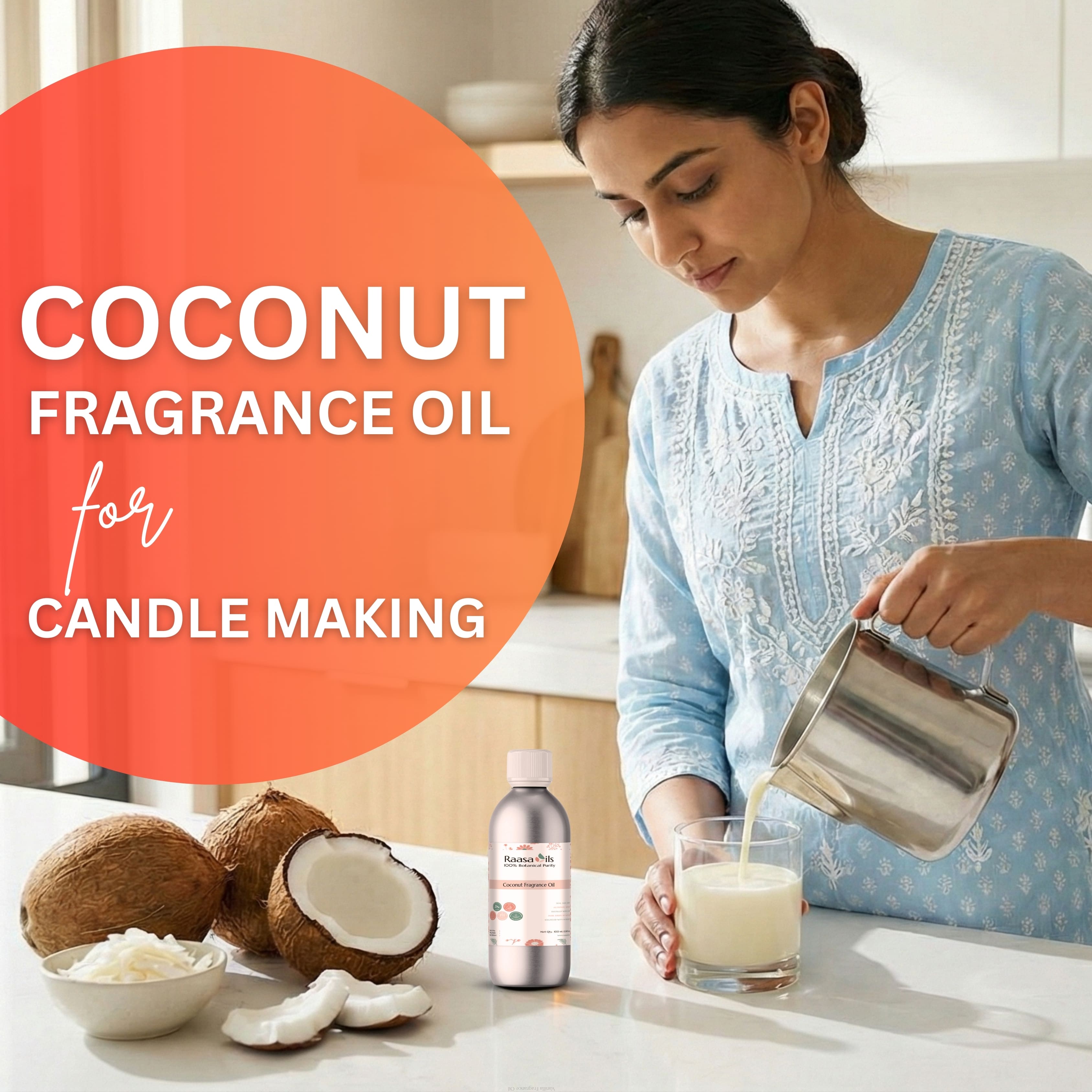 Woman pouring liquid into a glass with coconuts and fragrance oil bottle on a table, promoting coconut fragrance oil for candle making.
