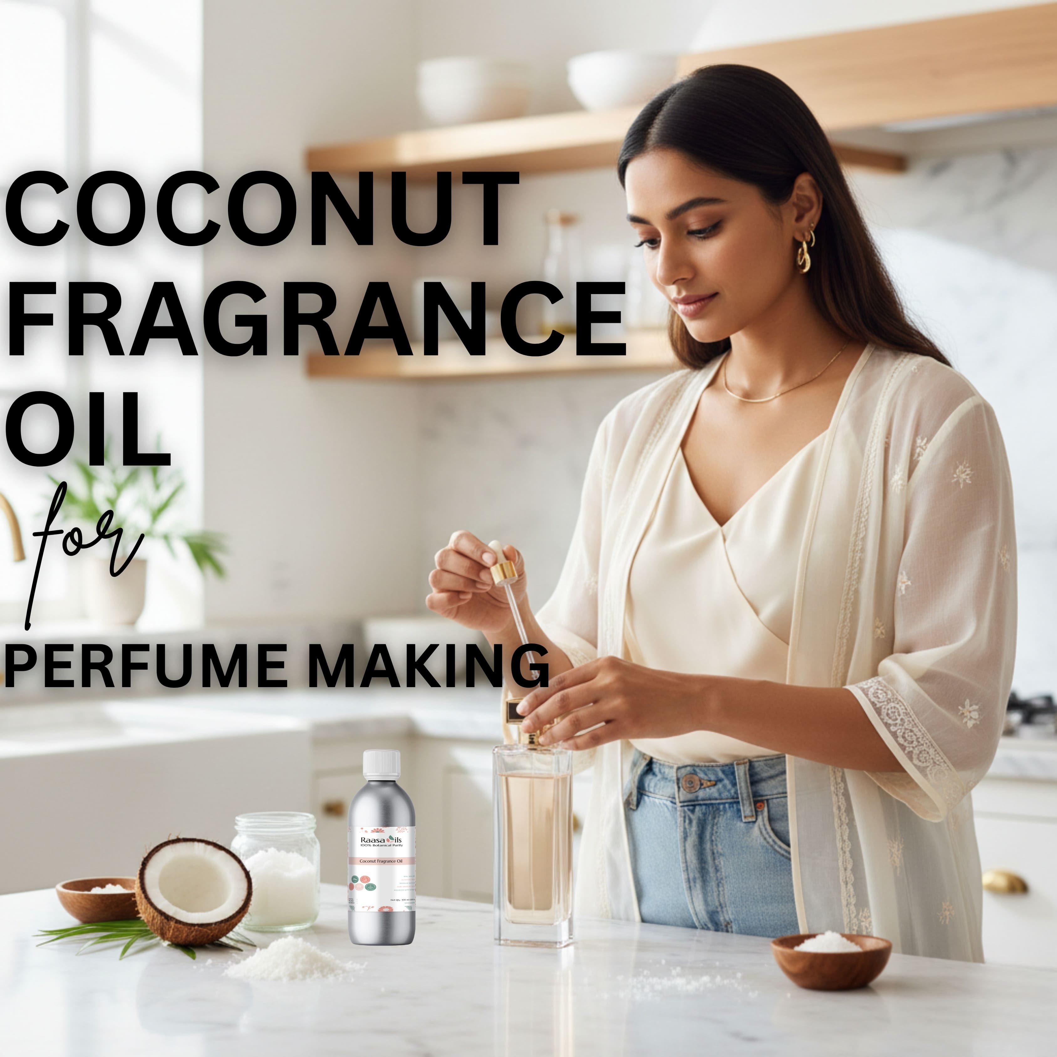 Woman in a kitchen preparing coconut fragrance oil for perfume making.