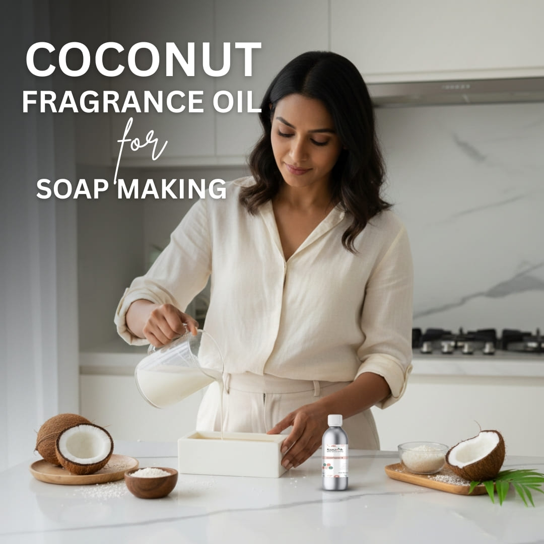 Woman in a kitchen preparing ingredients for soap making with text about coconut fragrance oil.