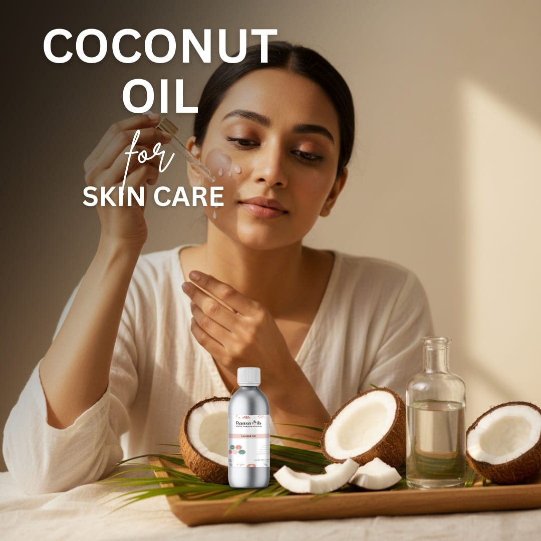 Woman applying coconut oil to her face with coconuts and a bottle of coconut oil on a tray.