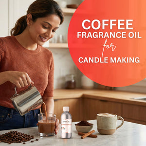 Woman pouring coffee into a glass with coffee fragrance oil product and ingredients on a kitchen counter.