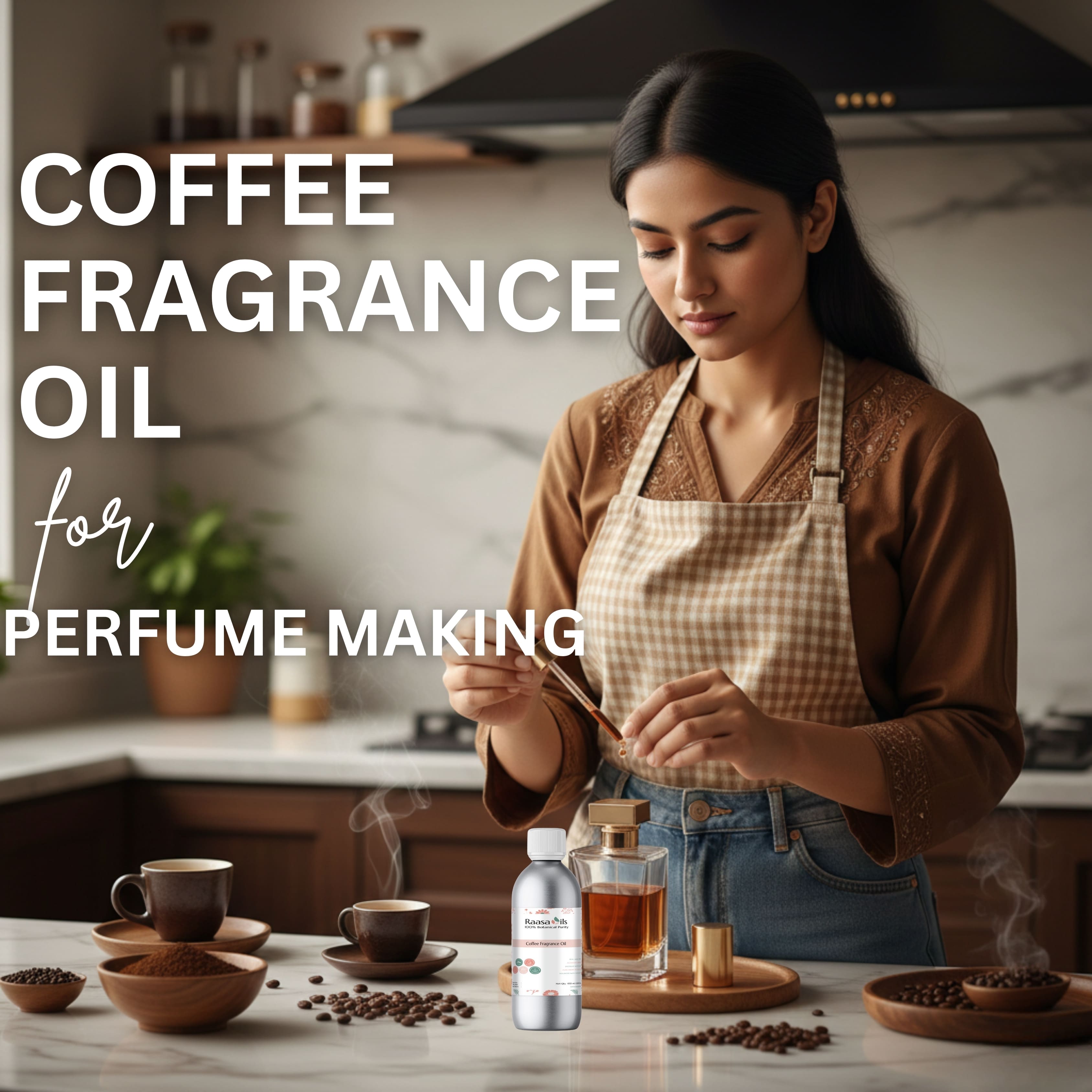 Woman in a kitchen with coffee beans and a bottle labeled 'Coffee Fragrance Oil for Perfume Making'.