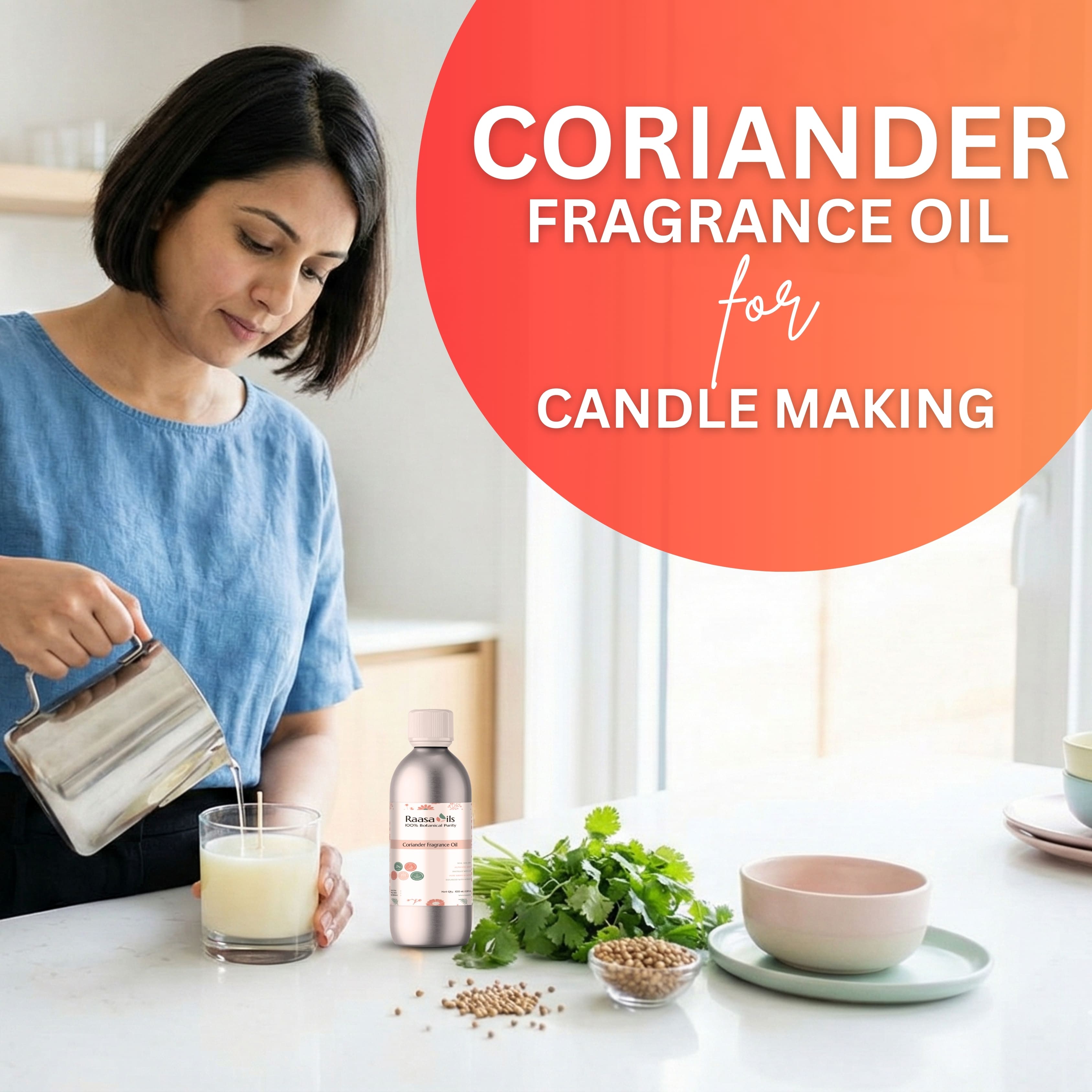 Woman pouring liquid into a glass with coriander fragrance oil for candle making on a table.