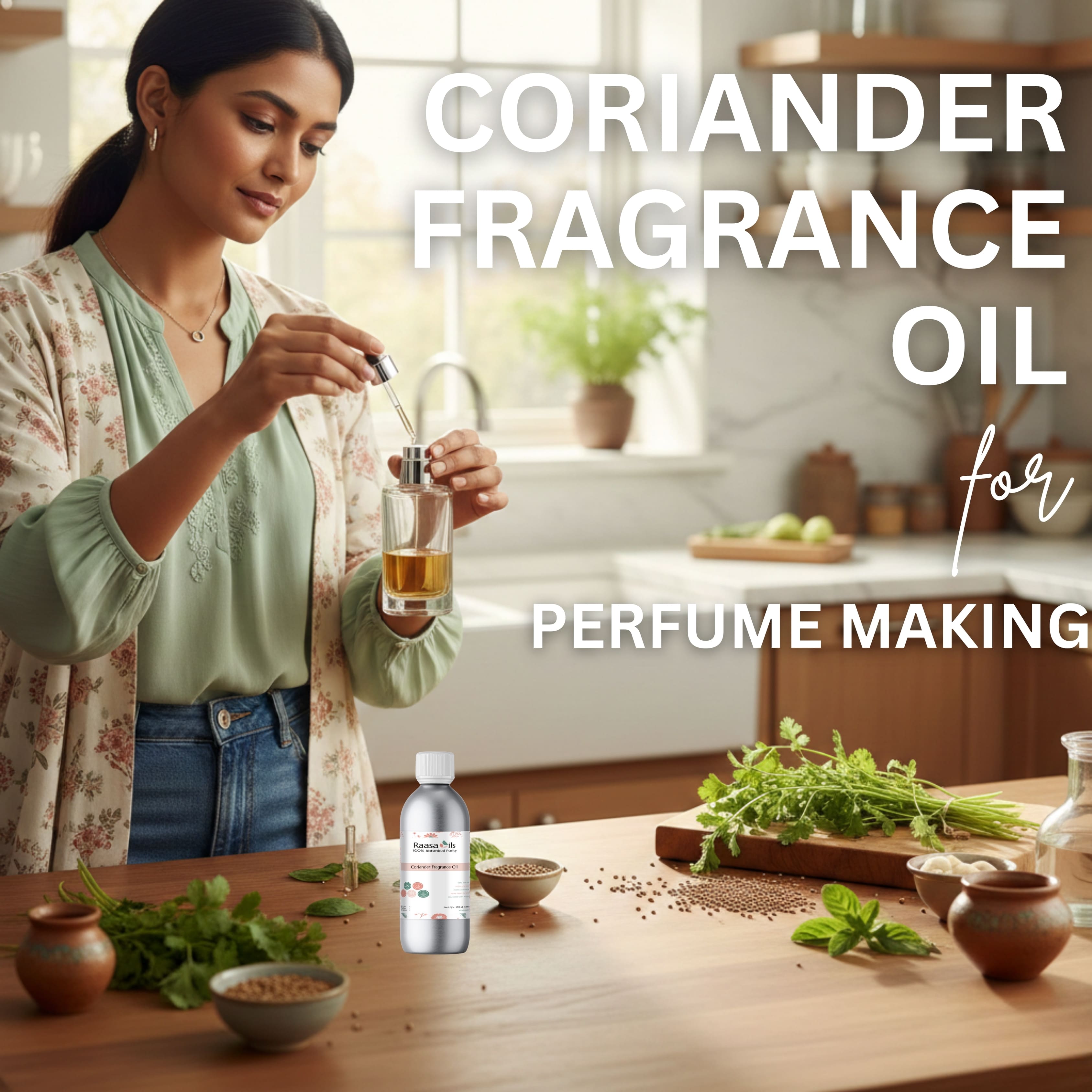 Woman making coriander fragrance oil in a kitchen setting with text overlay.