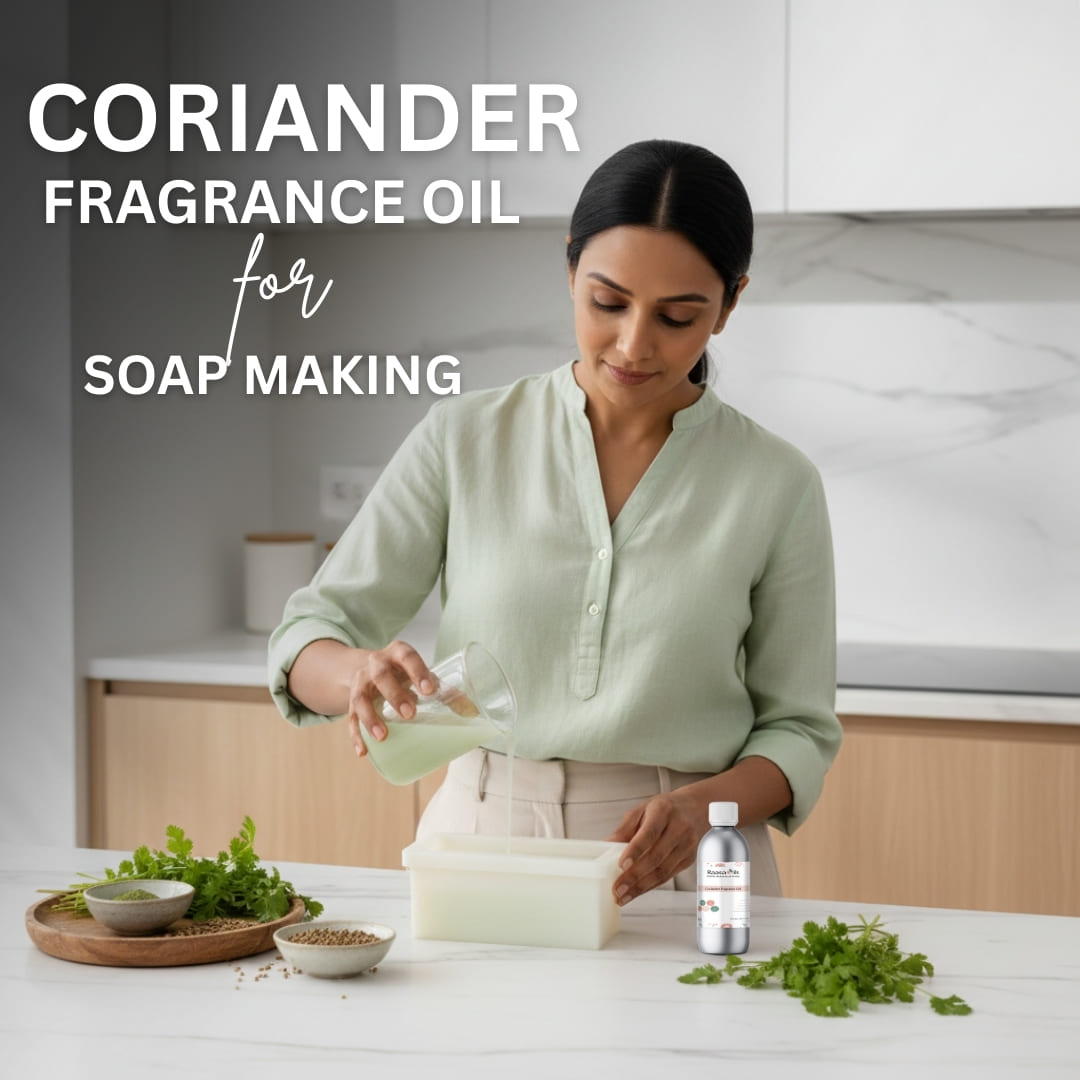 Woman making soap with coriander fragrance oil in a kitchen setting
