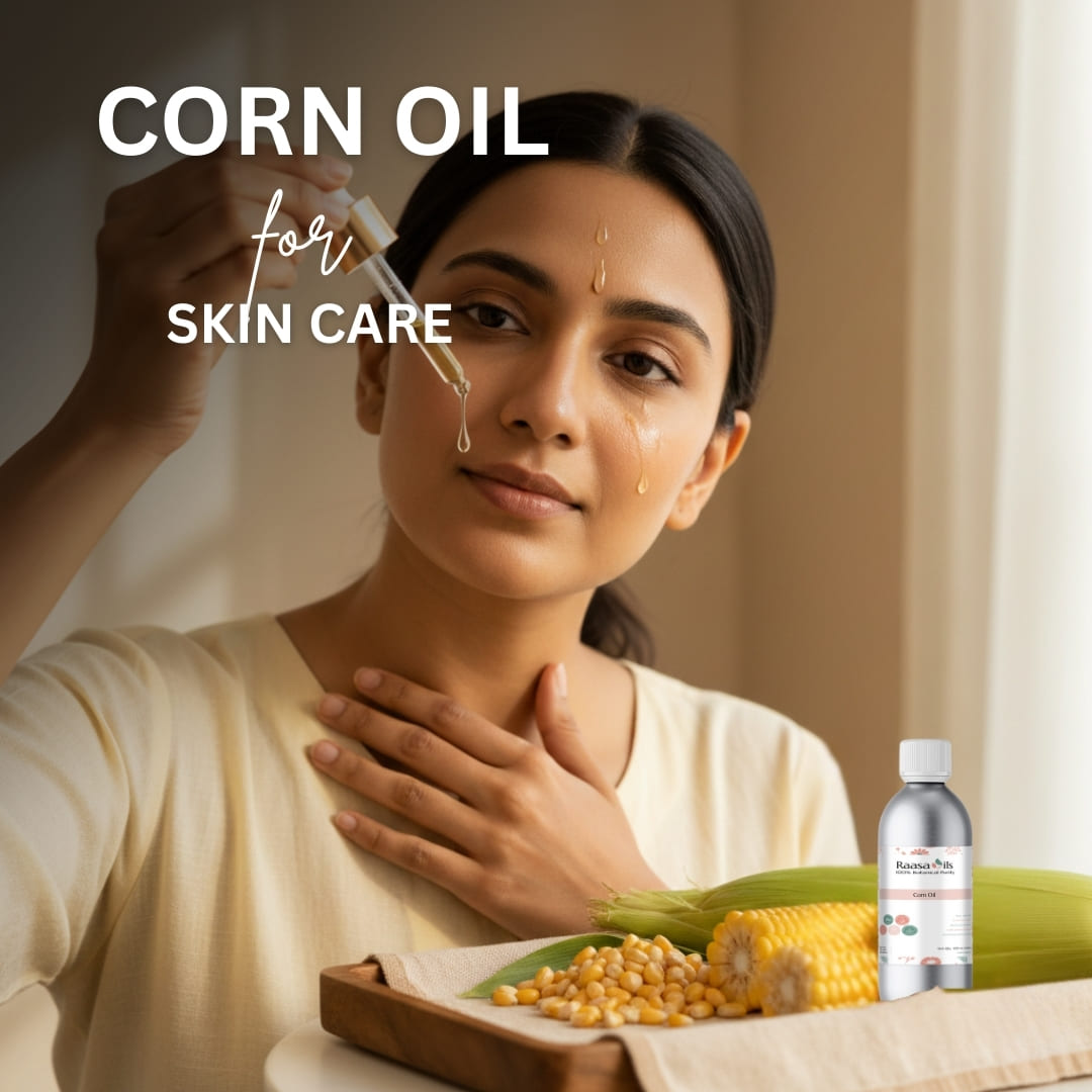 Woman applying corn oil to her face with corn and a bottle of corn oil in the background.