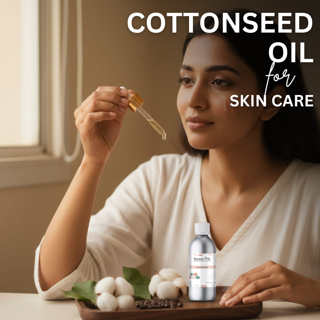 Woman holding a dropper with cottonseed oil and a bottle of cottonseed oil on a table.