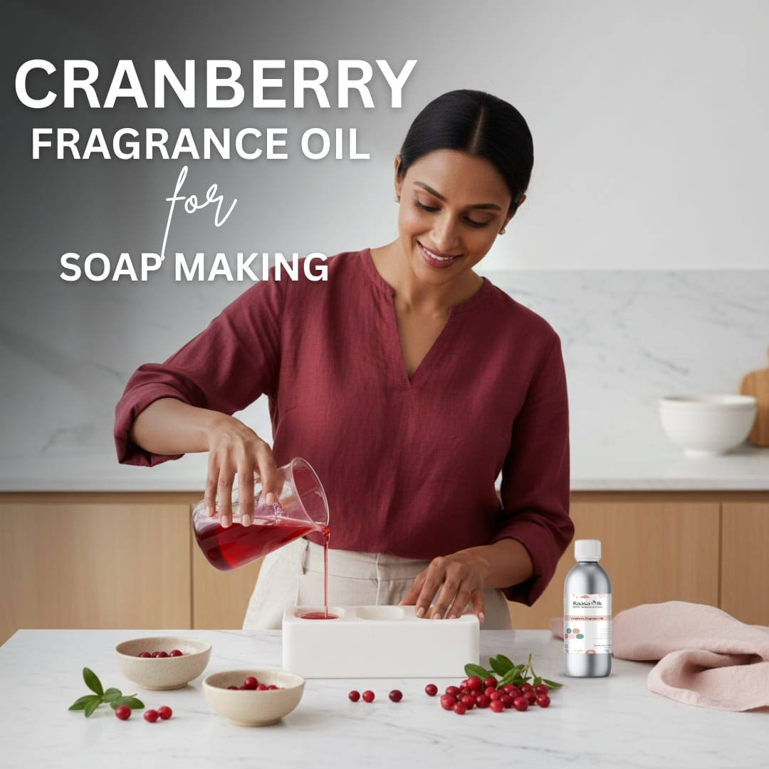 Woman pouring cranberry fragrance oil into soap mixture with text 'Cranberry Fragrance Oil for Soap Making'.