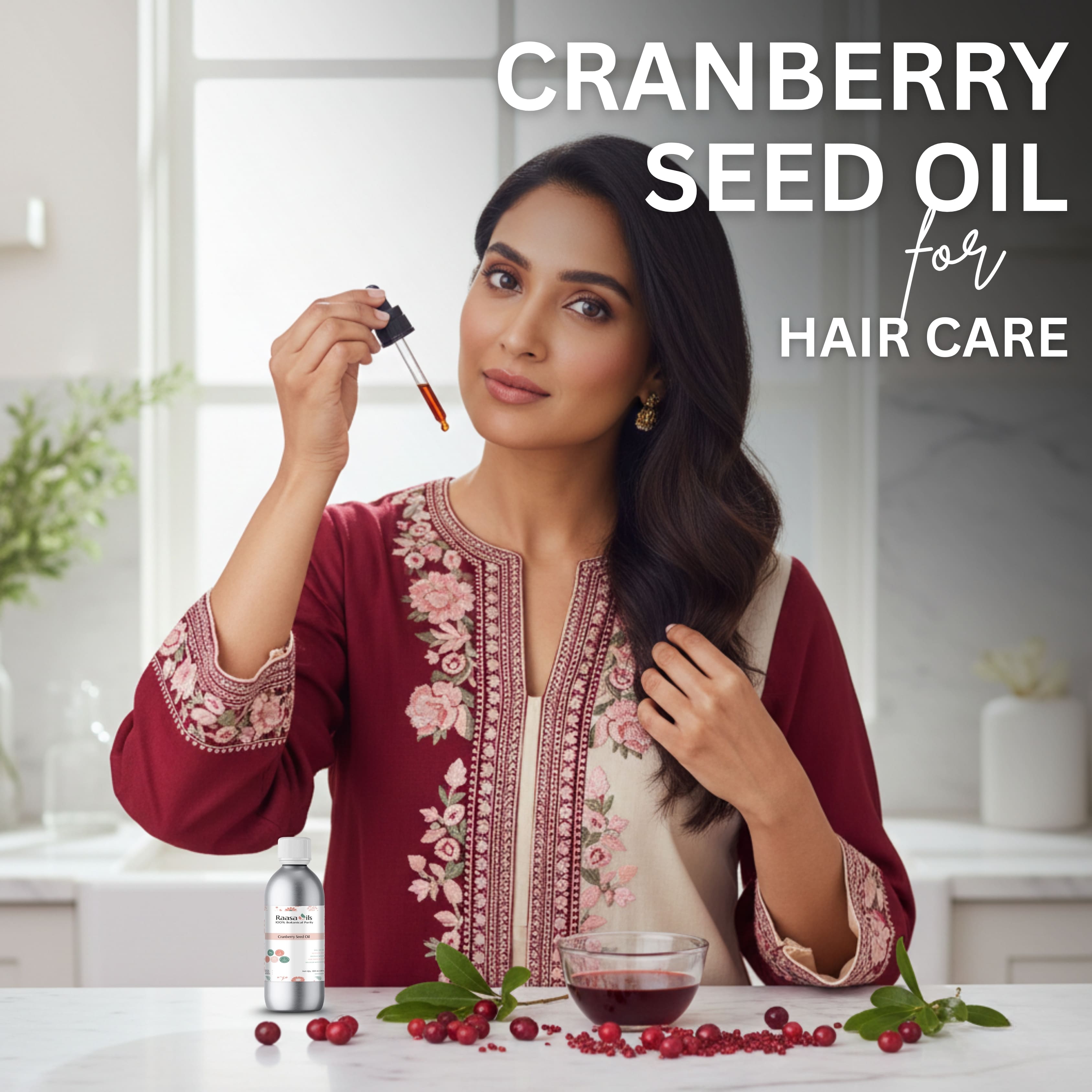 Woman holding cranberry seed oil dropper with text 'Cranberry Seed Oil for Hair Care' in a kitchen setting.