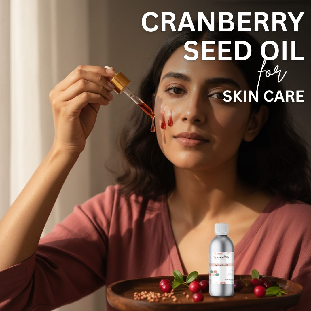 Woman applying cranberry seed oil to her face with a dropper, surrounded by cranberries and seeds.