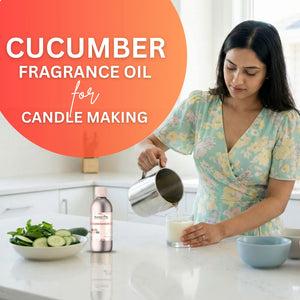 Woman pouring liquid into a glass with text about cucumber fragrance oil for candle making.