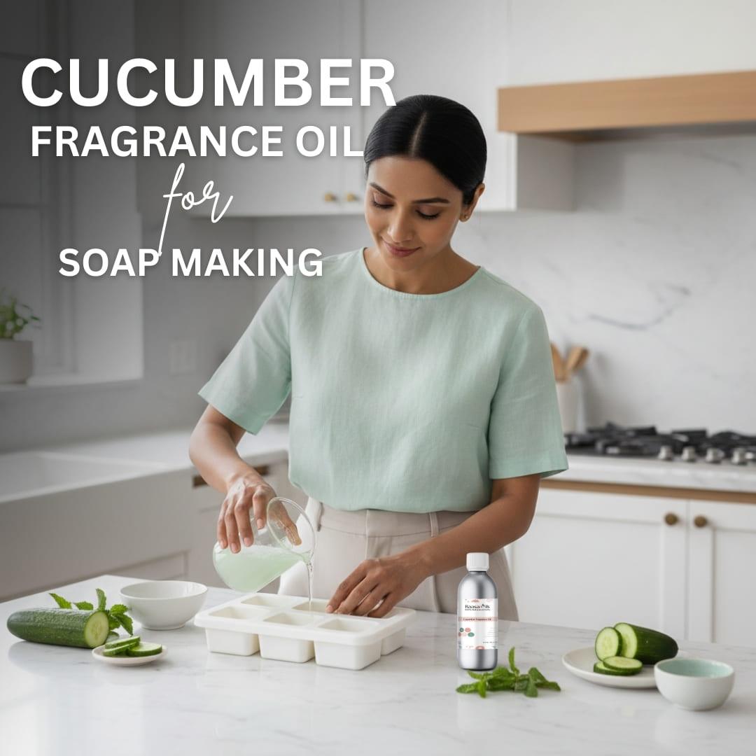 Woman making soap with cucumber fragrance oil in a kitchen setting