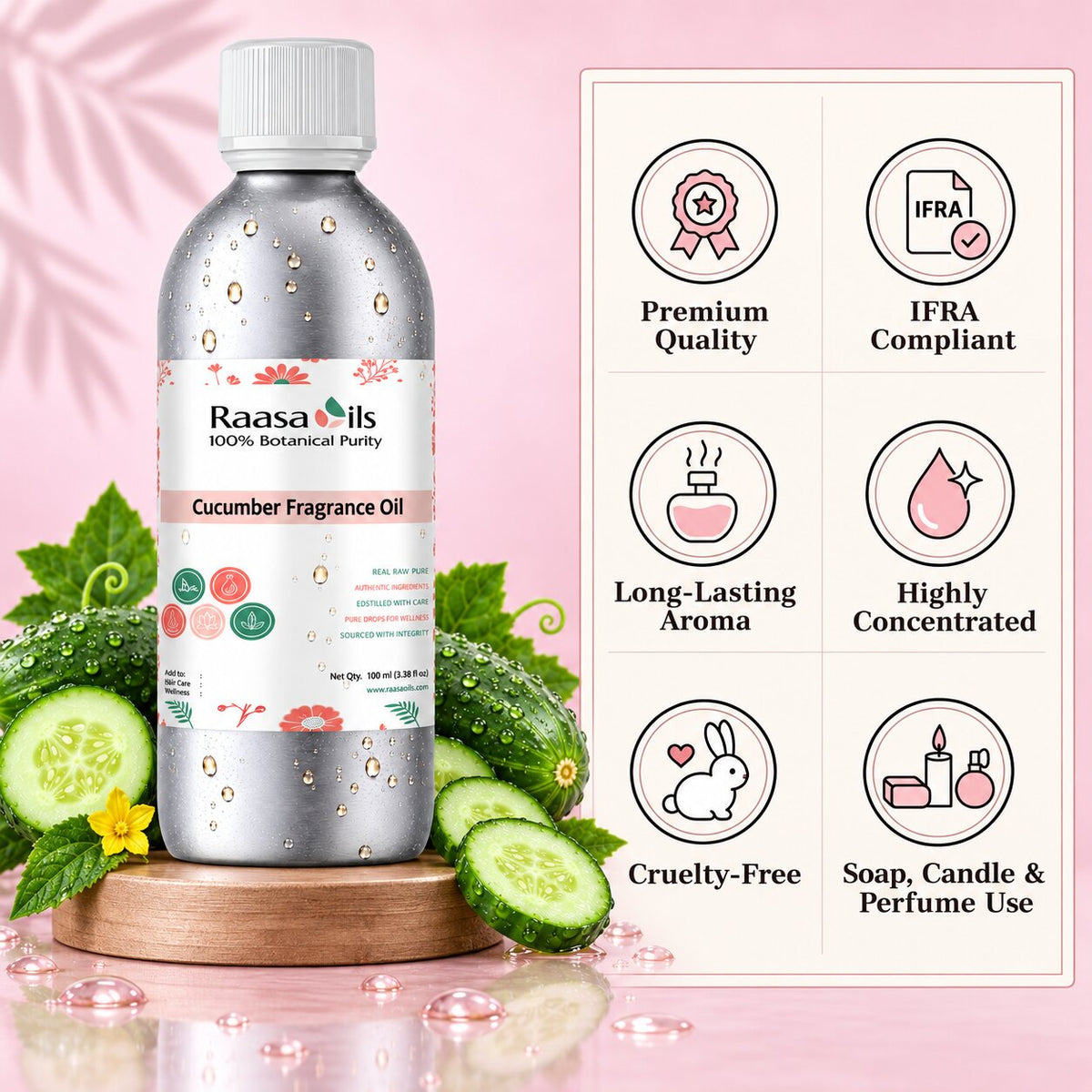 A bottle of Raasa oils Cucumber Fragrance Oil displayed on a wooden stand with cucumber slices and leaves, next to a feature infographic on a pink background.