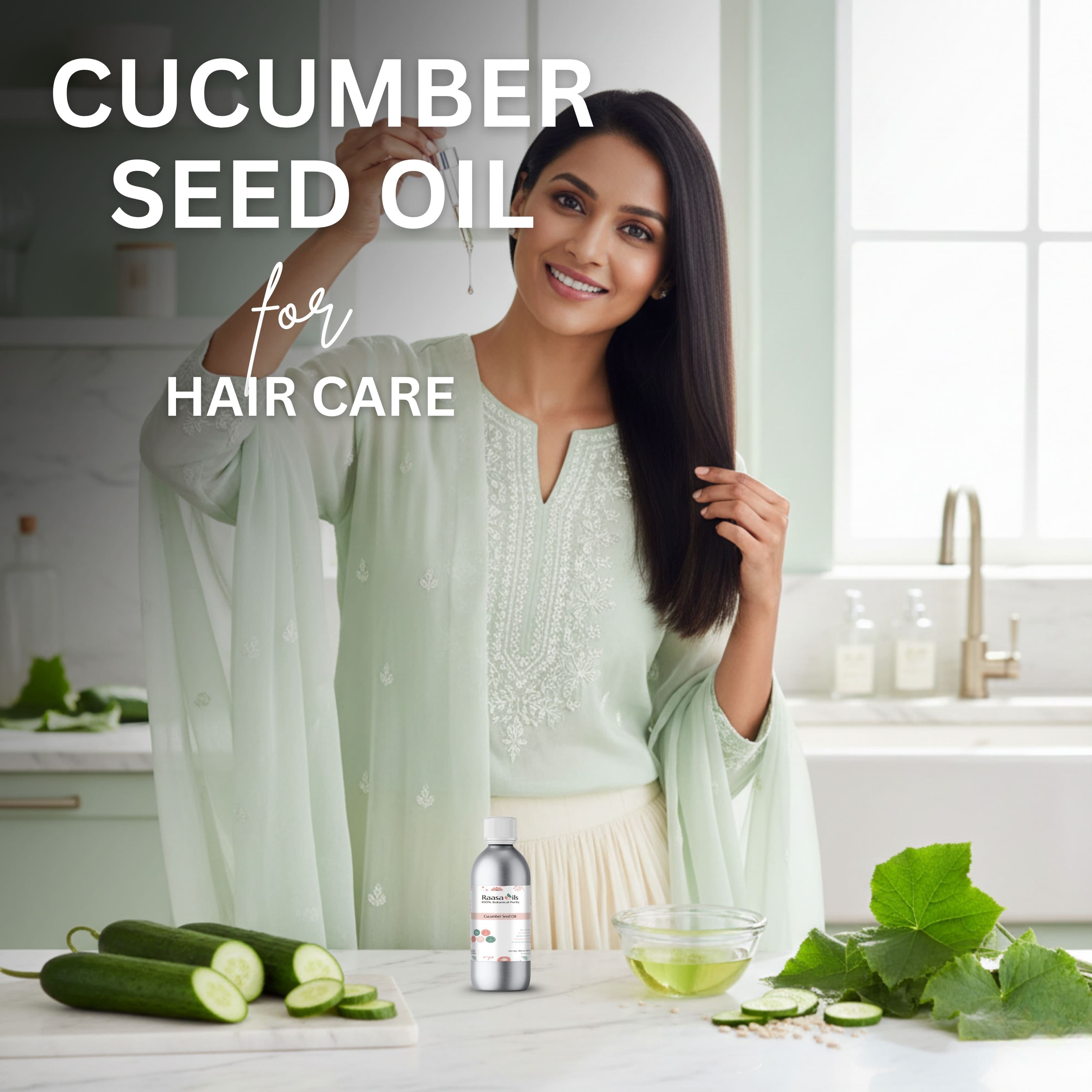 Woman with long hair in a kitchen using cucumber seed oil for hair care.