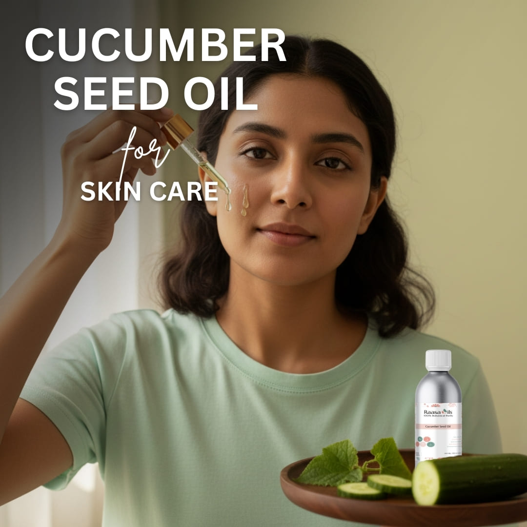 Woman holding cucumber seed oil with text about skin care