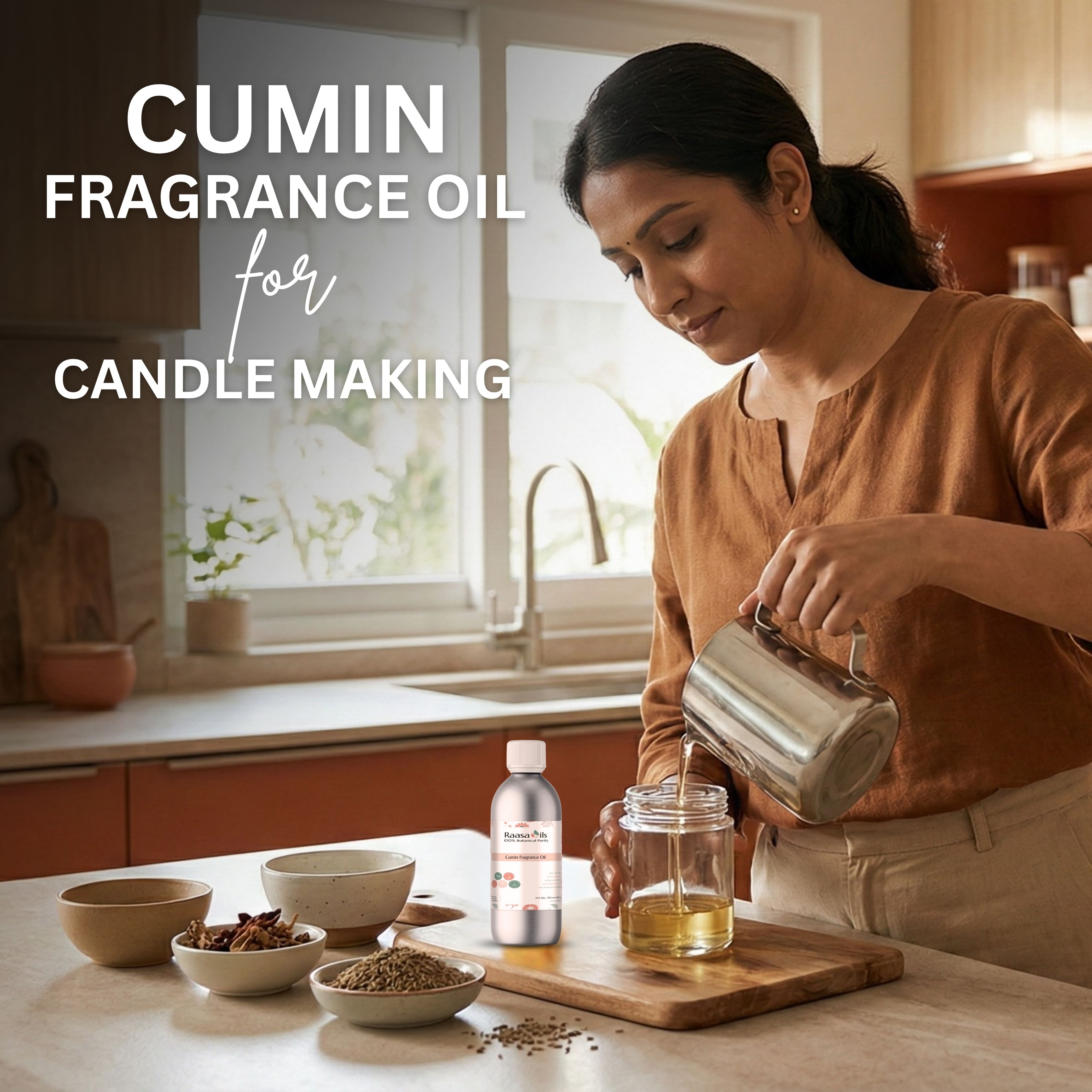 Woman in a kitchen preparing cumin fragrance oil for candle making.