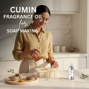 Woman pouring cumin fragrance oil into soap mold with text 'Cumin Fragrance Oil for Soap Making'.