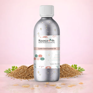 Bottle of Raasa Oils Cumin Seed Essential Oil with cumin seeds on a pink background
