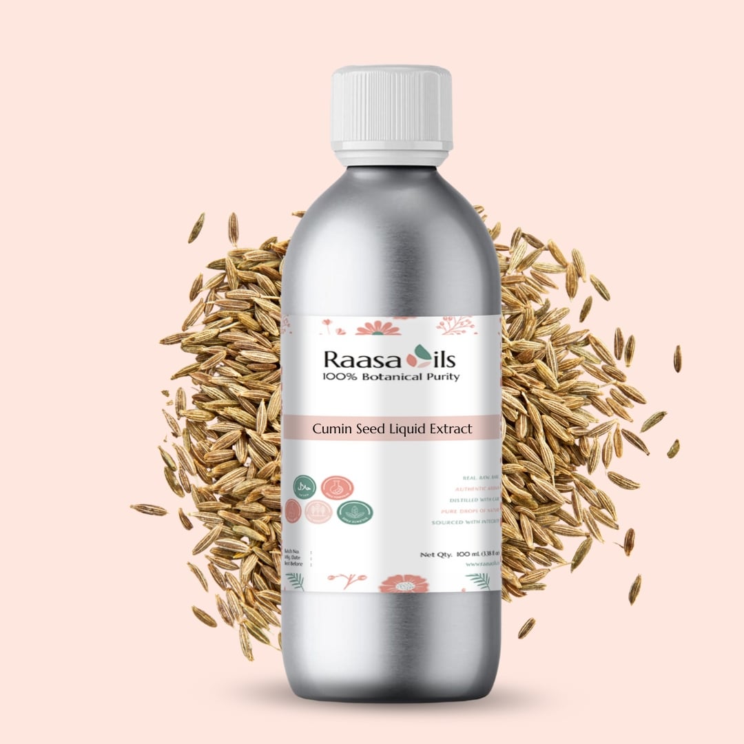 Bottle of Raasa Oils Cumin Seed Liquid Extract surrounded by cumin seeds on a beige background