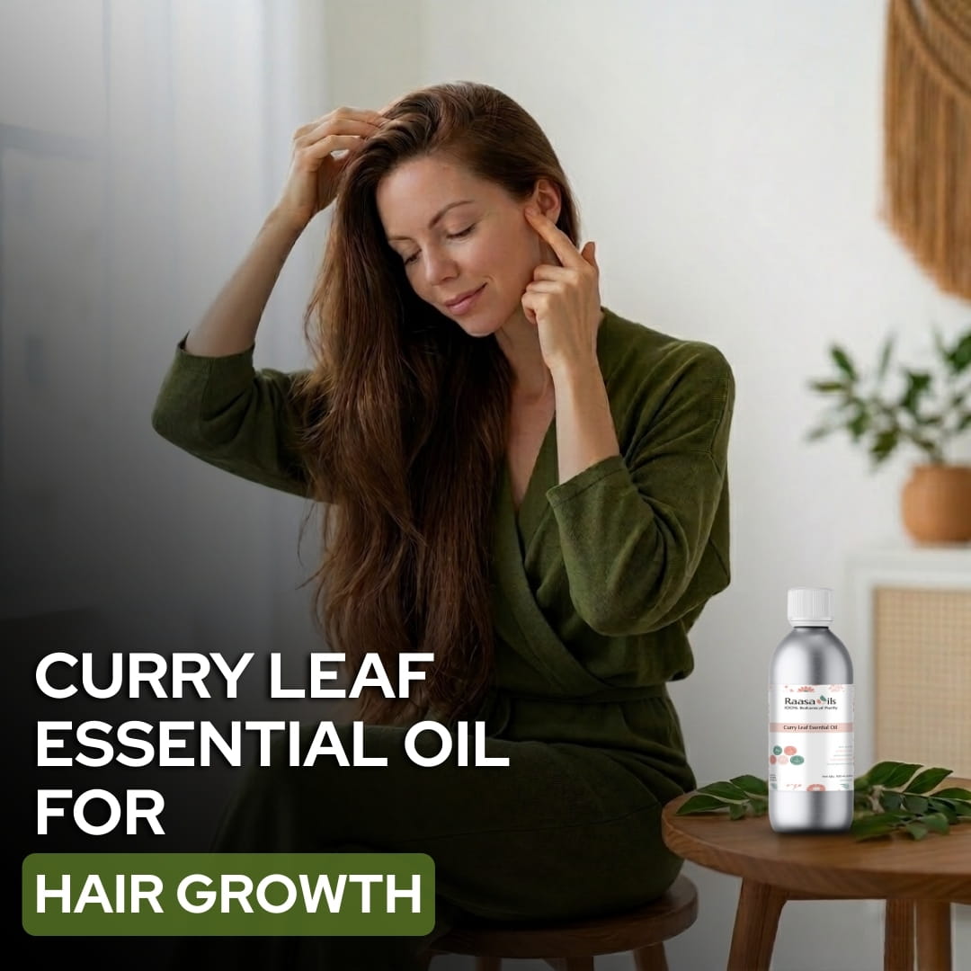 Woman with long hair sitting on a stool, with text about curry leaf essential oil for hair growth.