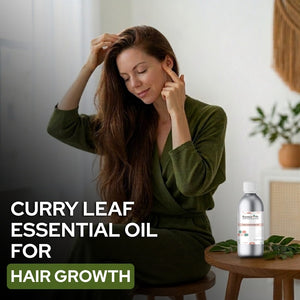 Woman with long hair sitting on a stool, with text about curry leaf essential oil for hair growth.