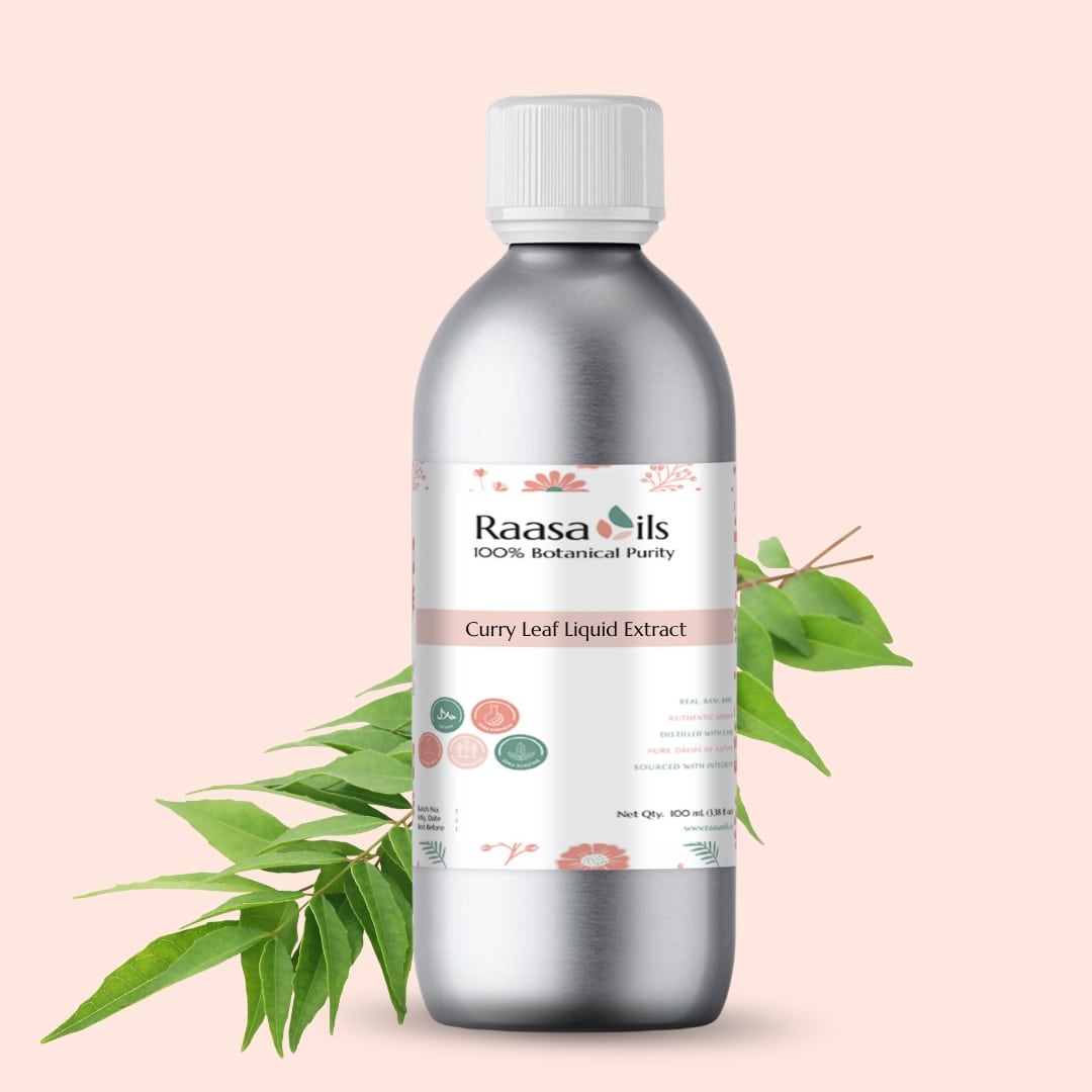 Bottle of Raasa Oils Curry Leaf Liquid Extract with green leaves on a light pink background