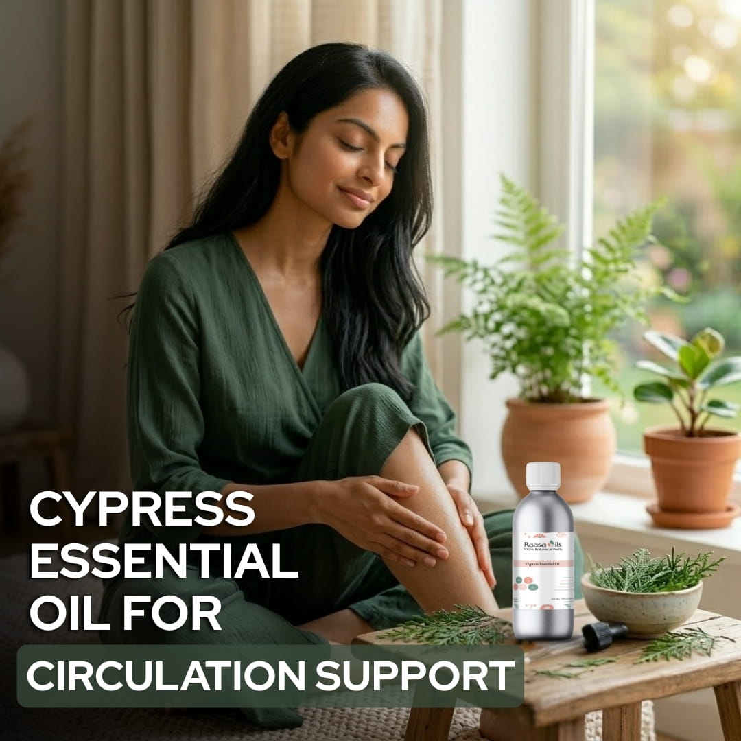 Woman sitting on a couch with a bottle of Cypress essential oil in a home setting.