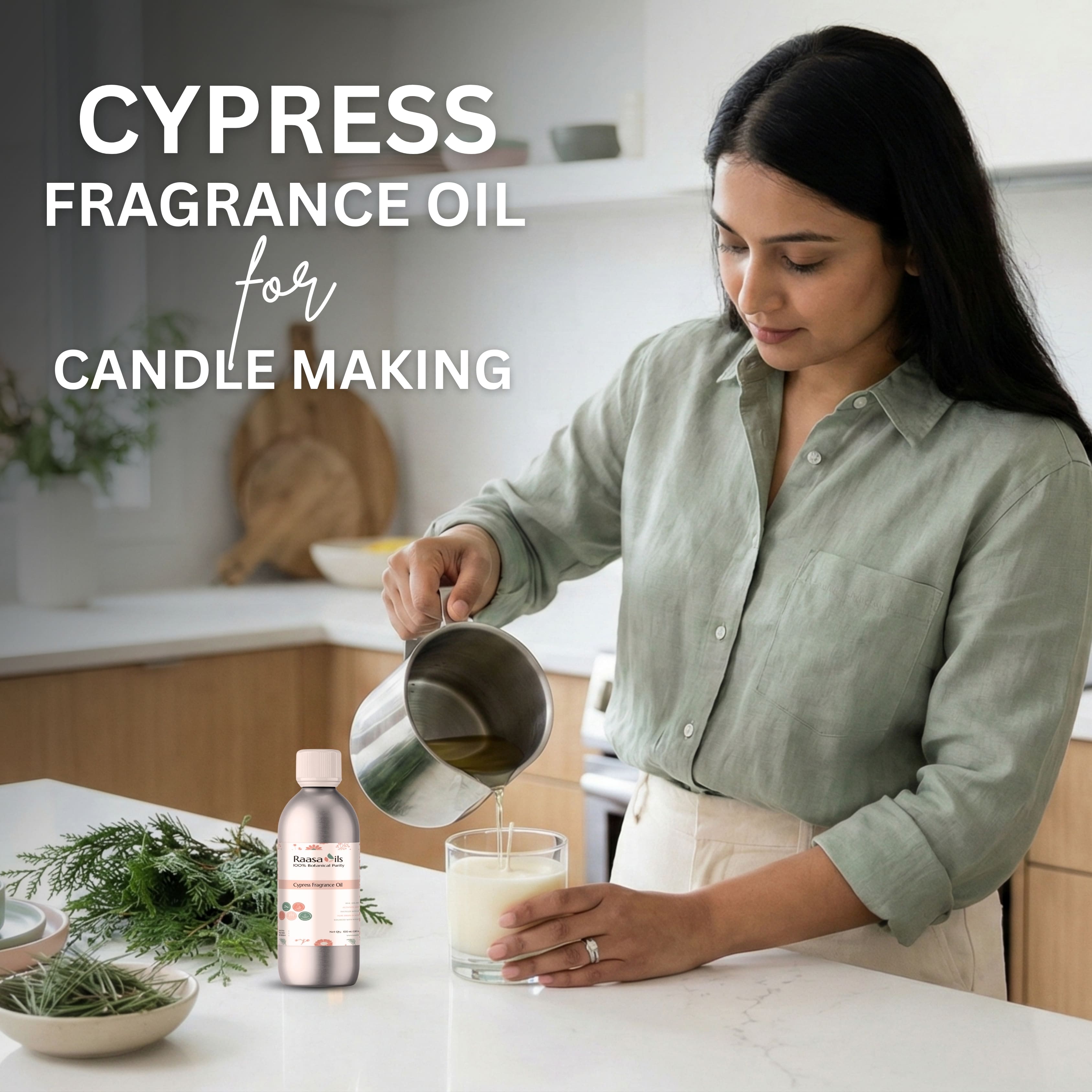 Woman pouring liquid into a glass with Cypress fragrance oil for candle making, in a kitchen setting.