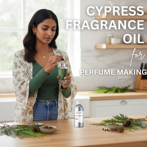 Woman holding a bottle of Cypress fragrance oil with text overlay in a kitchen setting.