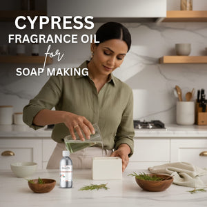 Woman in a kitchen preparing soap with Cypress fragrance oil text overlay