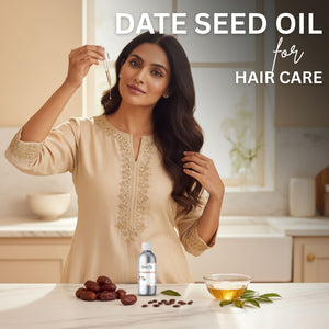 Woman with long hair holding a dropper of date seed oil, with date seeds and oil on a table.
