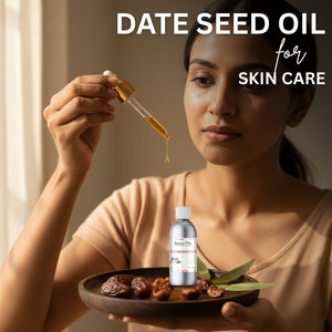 Woman holding a dropper with date seed oil and a bottle labeled 'Date Seed Oil' for skin care.