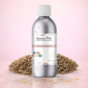 Bottle of Raasa Oils Dill Seed Essential Oil with dill seeds on a pink background