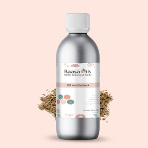 Bottle of Raasa Oils Dill Seed Hydrool on a light pink background
